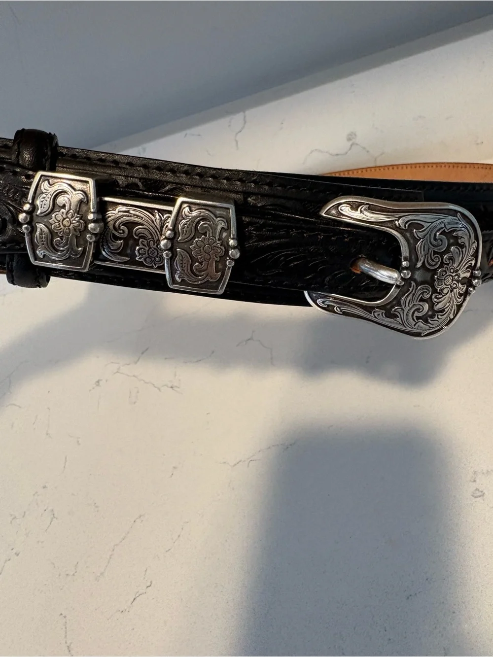 Tony Lama Western-Style Black Leather Belt with Decorative Silver tone  Buckle